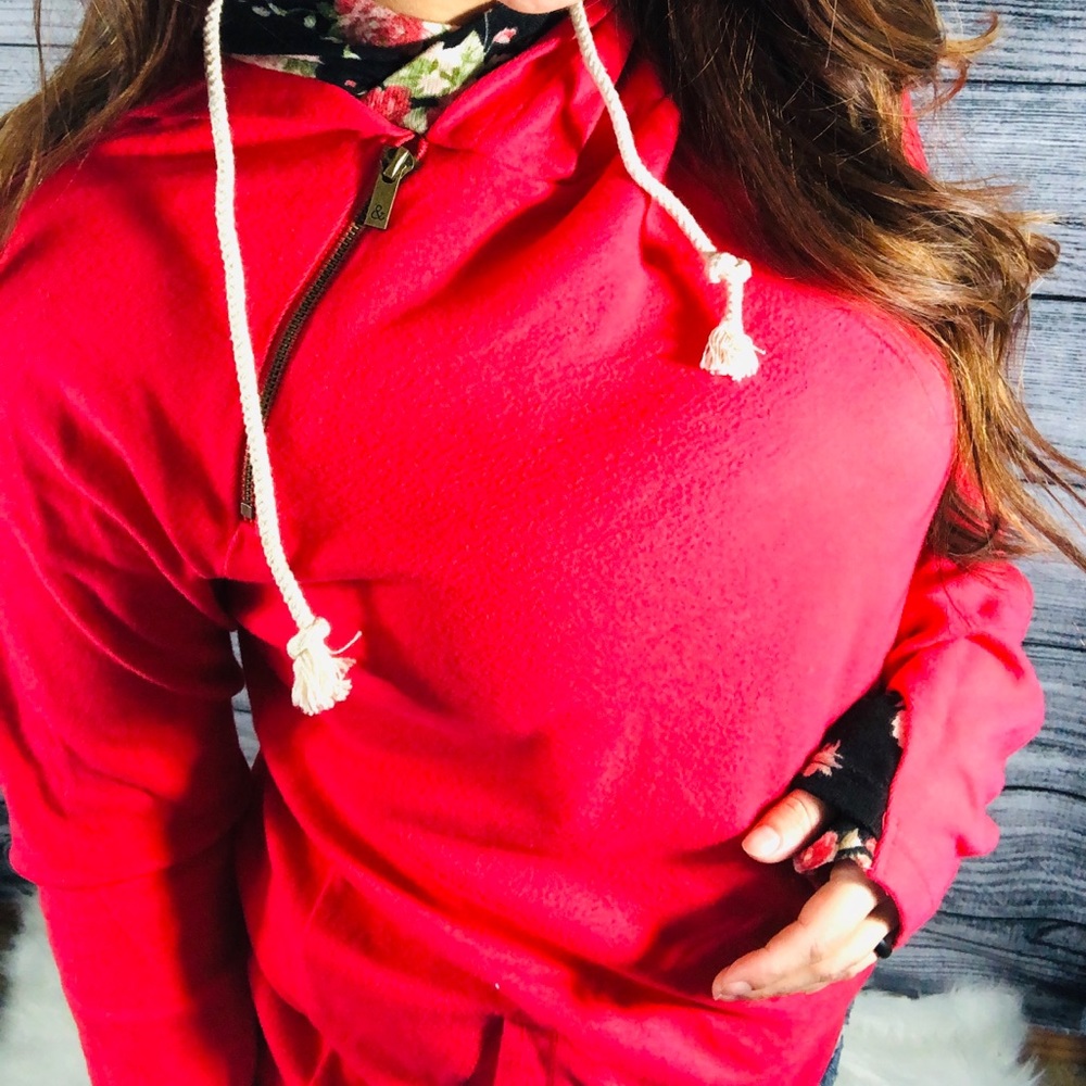 Ampersand red floral double hood hoodie - Picture 2 of 3